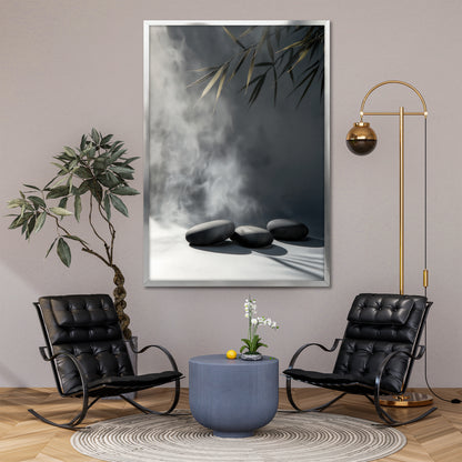 Zen Stones and Gold Bamboo Leaves Canvas Art - Modern Minimalist Painting