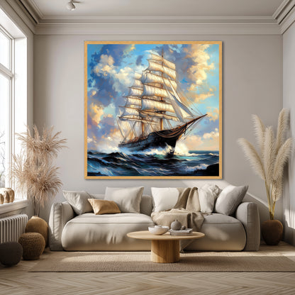 Majestic Sailing Ship Canvas Wall Art - Stormy Ocean Wave Modern Art Print