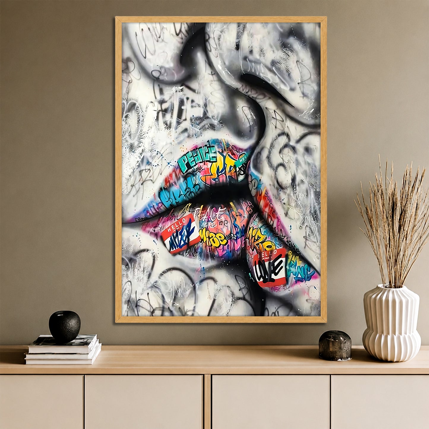 Colorful Graffiti Lips Canvas Art - Street Pop Art Kiss Print