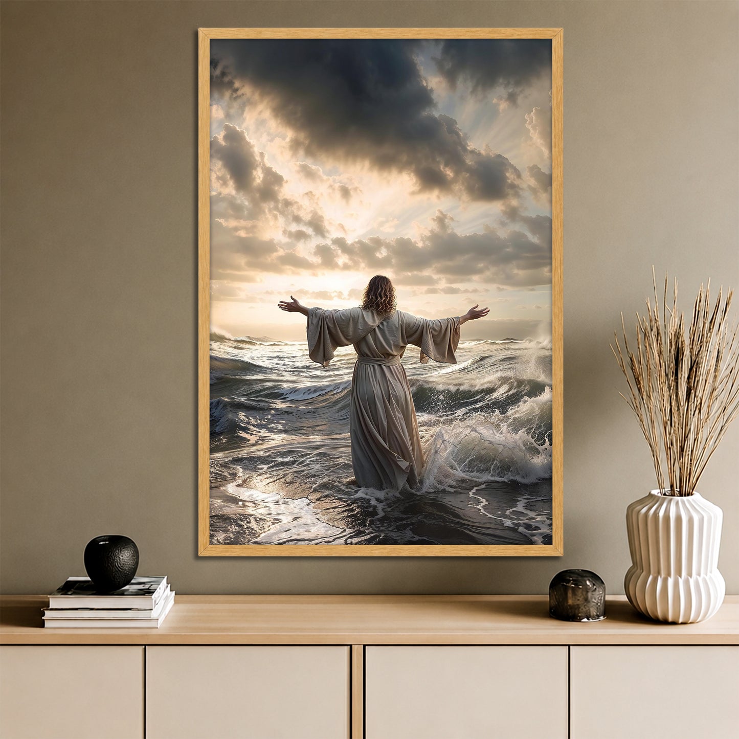Jesus Walking on Water Wall Art - Christ Miracle Stormy Sea and Boat Painting