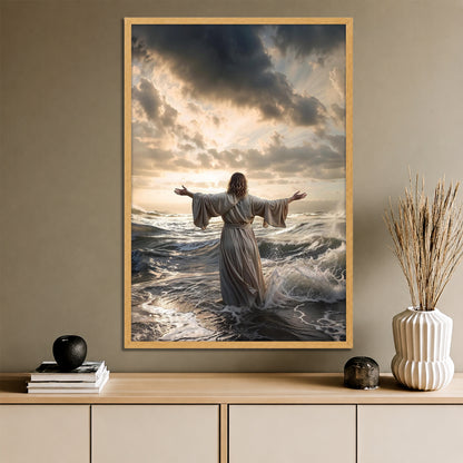 Jesus Walking on Water Wall Art - Christ Miracle Stormy Sea and Boat Painting