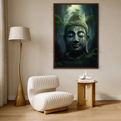 Mossy Stone Buddha in Forest Canvas Art - Mystic Nature Print