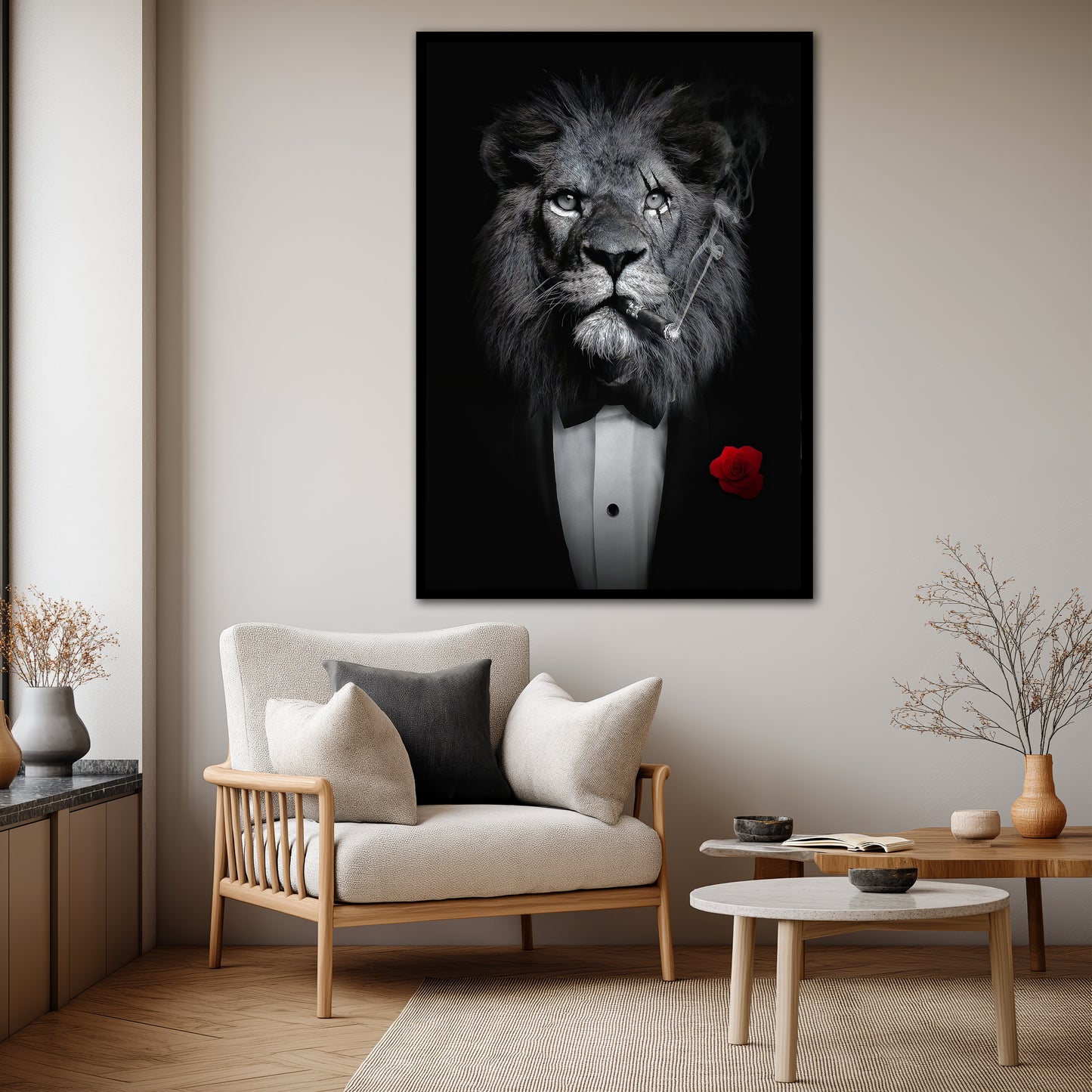 Lion in Suit Smoking Cigar Canvas Wall Art - Charismatic Boss Lion Decor