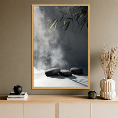 Zen Stones and Gold Bamboo Leaves Canvas Art - Modern Minimalist Painting