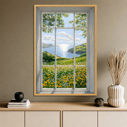 Fake Window View Wildflower Canvas Art - Coastal Meadow Landscape Print