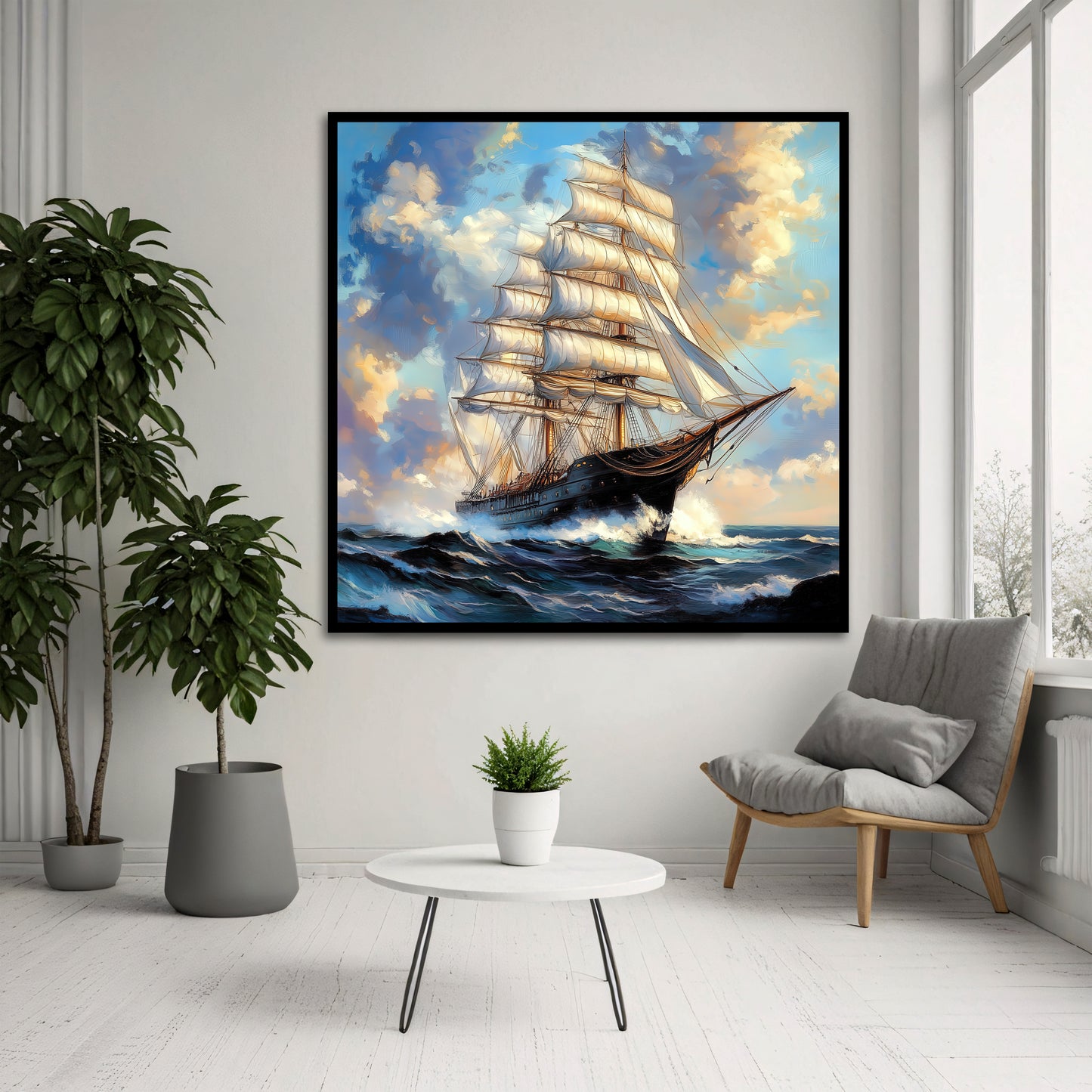 Majestic Sailing Ship Canvas Wall Art - Stormy Ocean Wave Modern Art Print