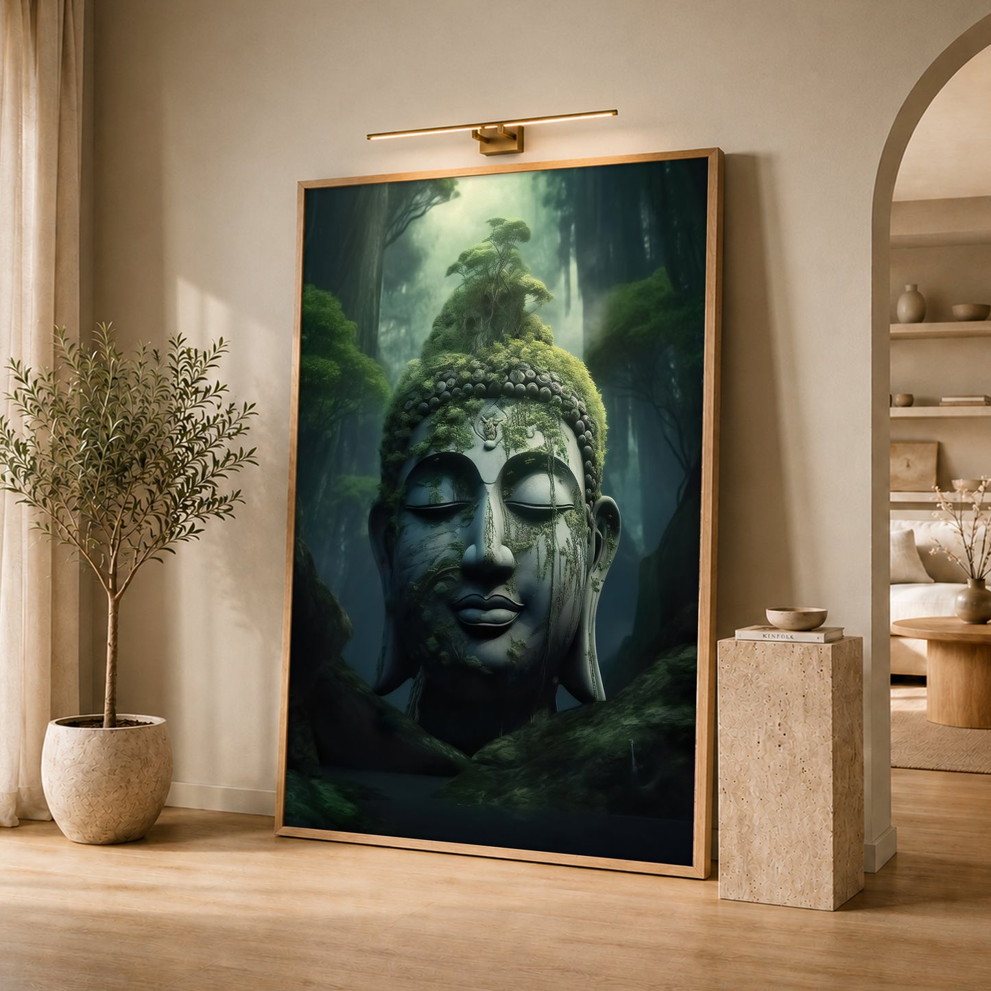 Mossy Stone Buddha in Forest Canvas Art - Mystic Nature Print