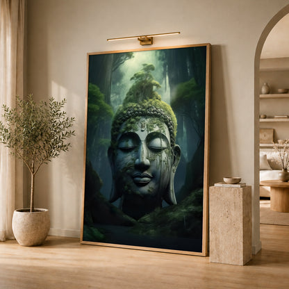 Mossy Stone Buddha in Forest Canvas Art - Mystic Nature Print