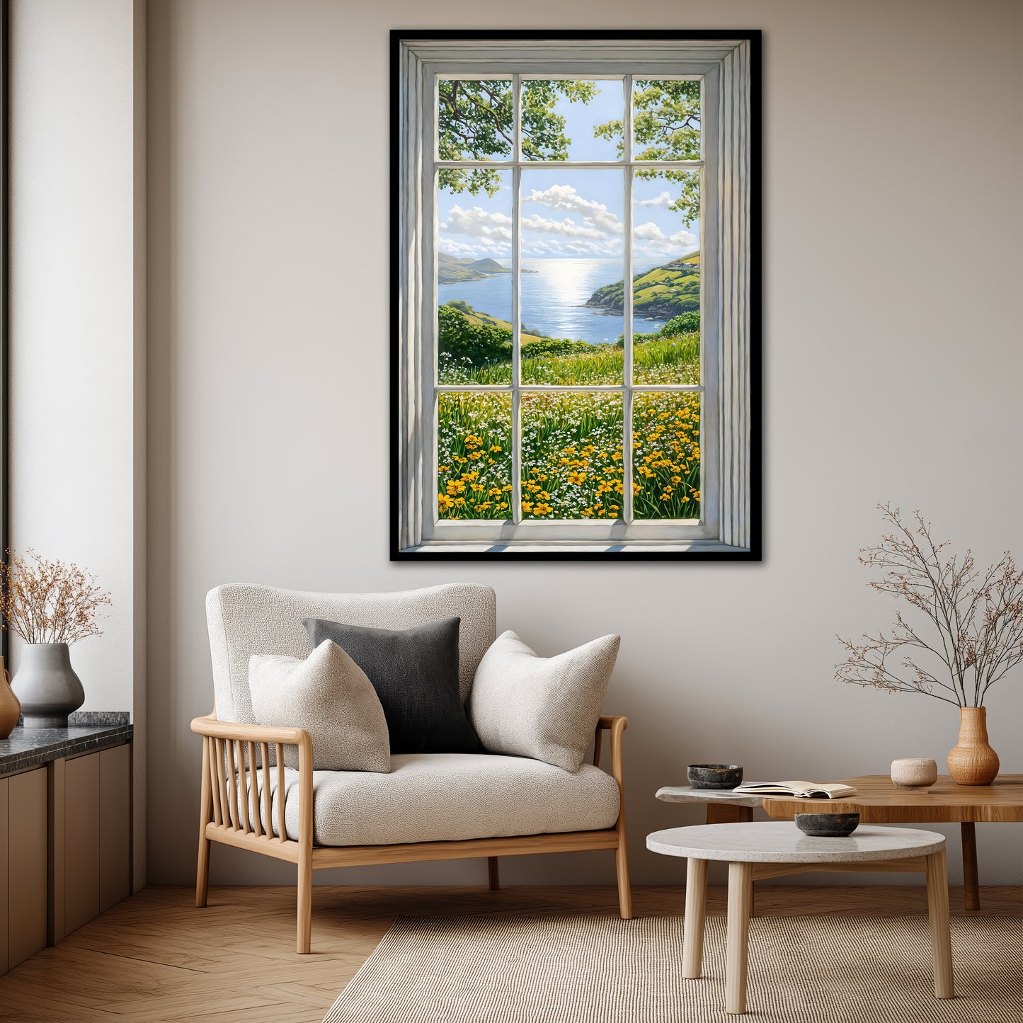 Fake Window View Wildflower Canvas Art - Coastal Meadow Landscape Print