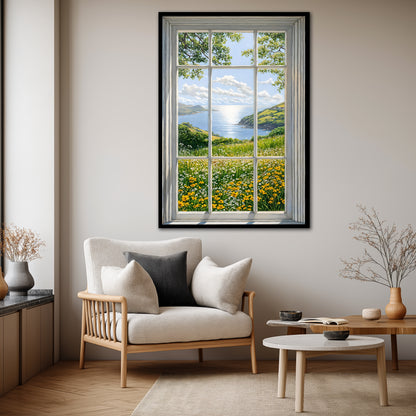 Fake Window View Wildflower Canvas Art - Coastal Meadow Landscape Print