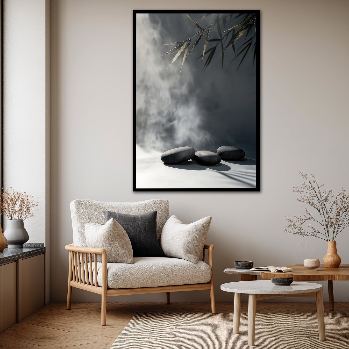 Zen Stones and Gold Bamboo Leaves Canvas Art - Modern Minimalist Painting
