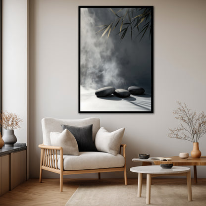 Zen Stones and Gold Bamboo Leaves Canvas Art - Modern Minimalist Painting