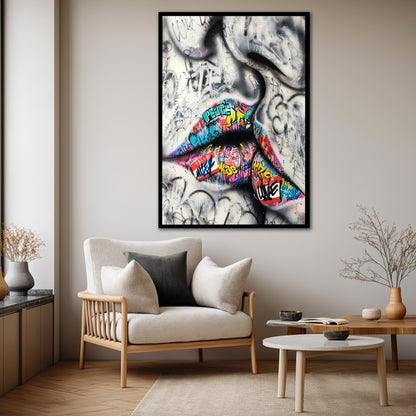 Colorful Graffiti Lips Canvas Art - Street Pop Art Kiss Print