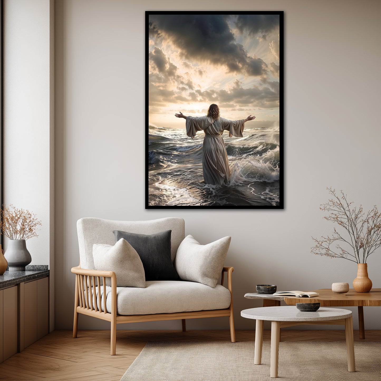 Jesus Walking on Water Wall Art - Christ Miracle Stormy Sea and Boat Painting