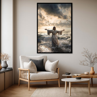 Jesus Walking on Water Wall Art - Christ Miracle Stormy Sea and Boat Painting