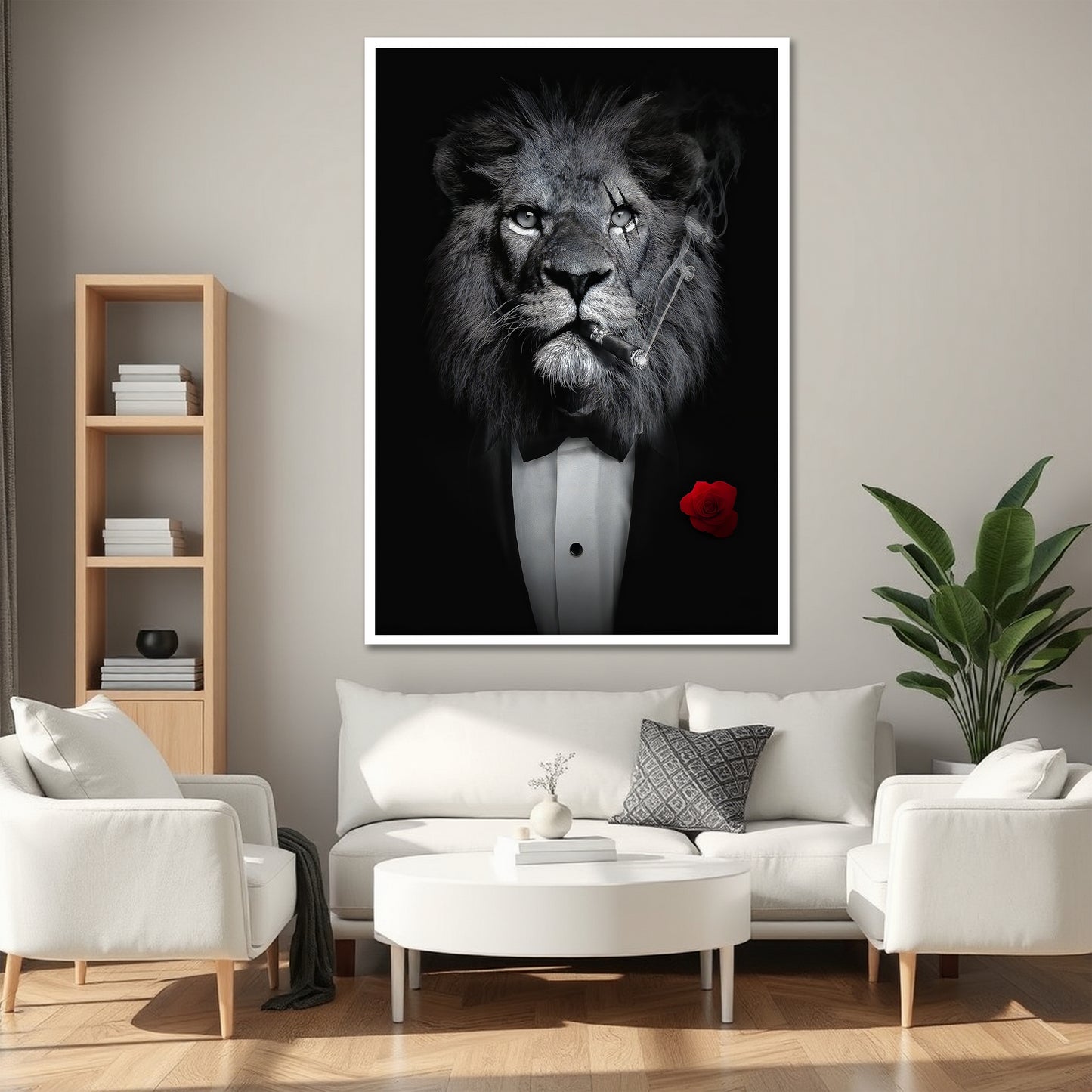 Lion in Suit Smoking Cigar Canvas Wall Art - Charismatic Boss Lion Decor