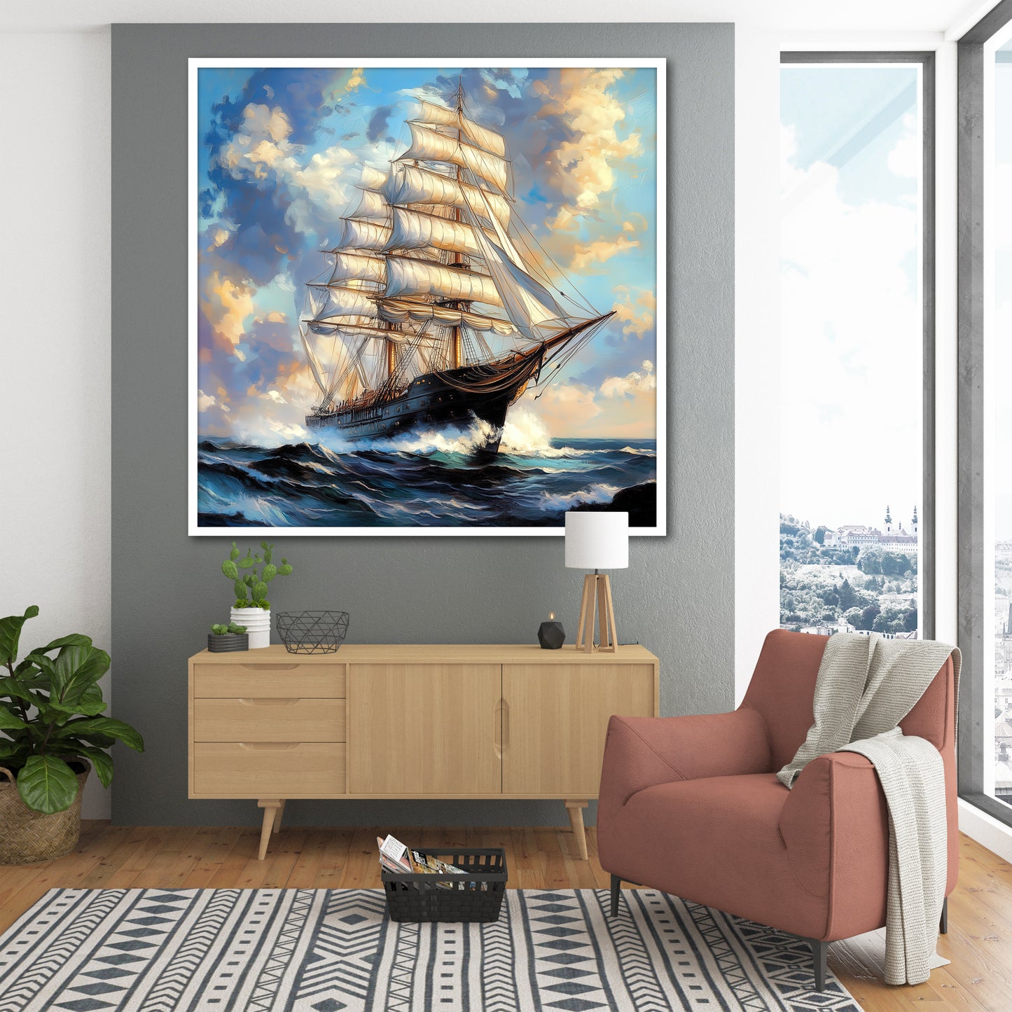 Majestic Sailing Ship Canvas Wall Art - Stormy Ocean Wave Modern Art Print