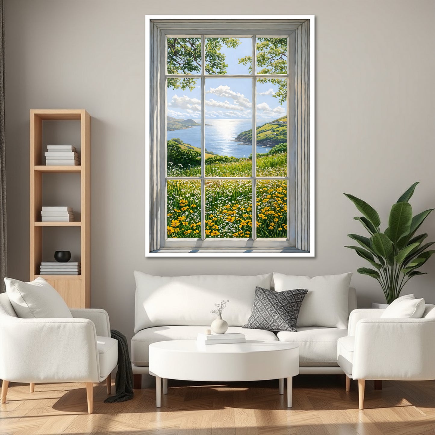 Fake Window View Wildflower Canvas Art - Coastal Meadow Landscape Print
