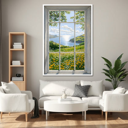 Fake Window View Wildflower Canvas Art - Coastal Meadow Landscape Print