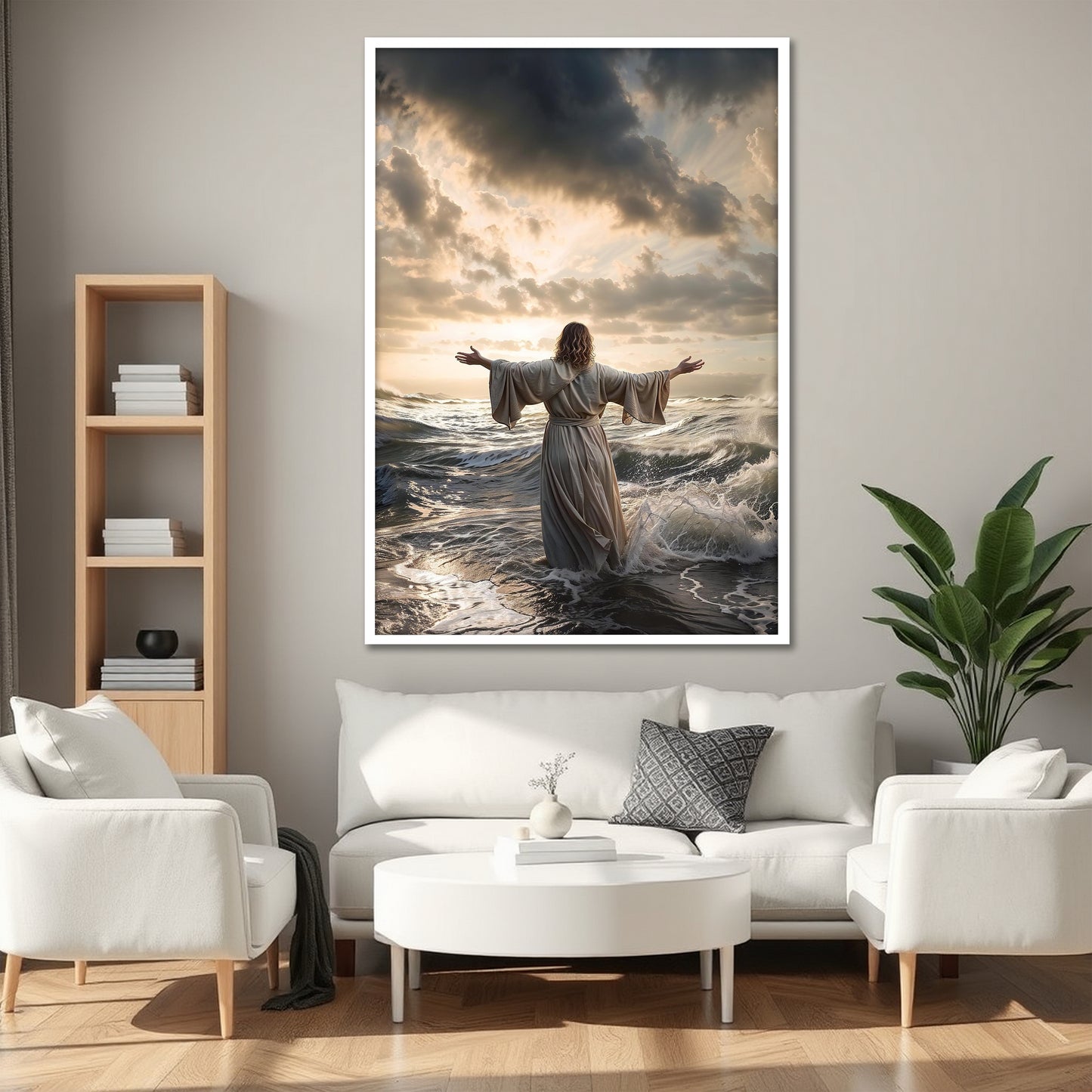 Jesus Walking on Water Wall Art - Christ Miracle Stormy Sea and Boat Painting