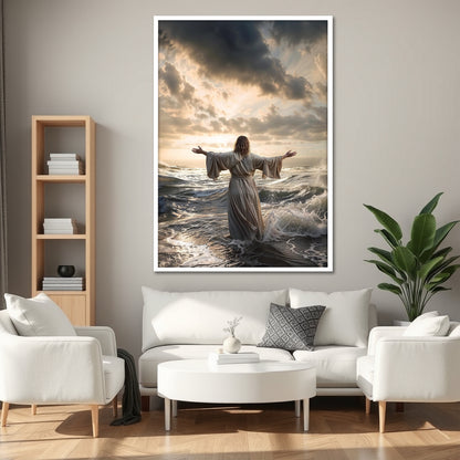 Jesus Walking on Water Wall Art - Christ Miracle Stormy Sea and Boat Painting