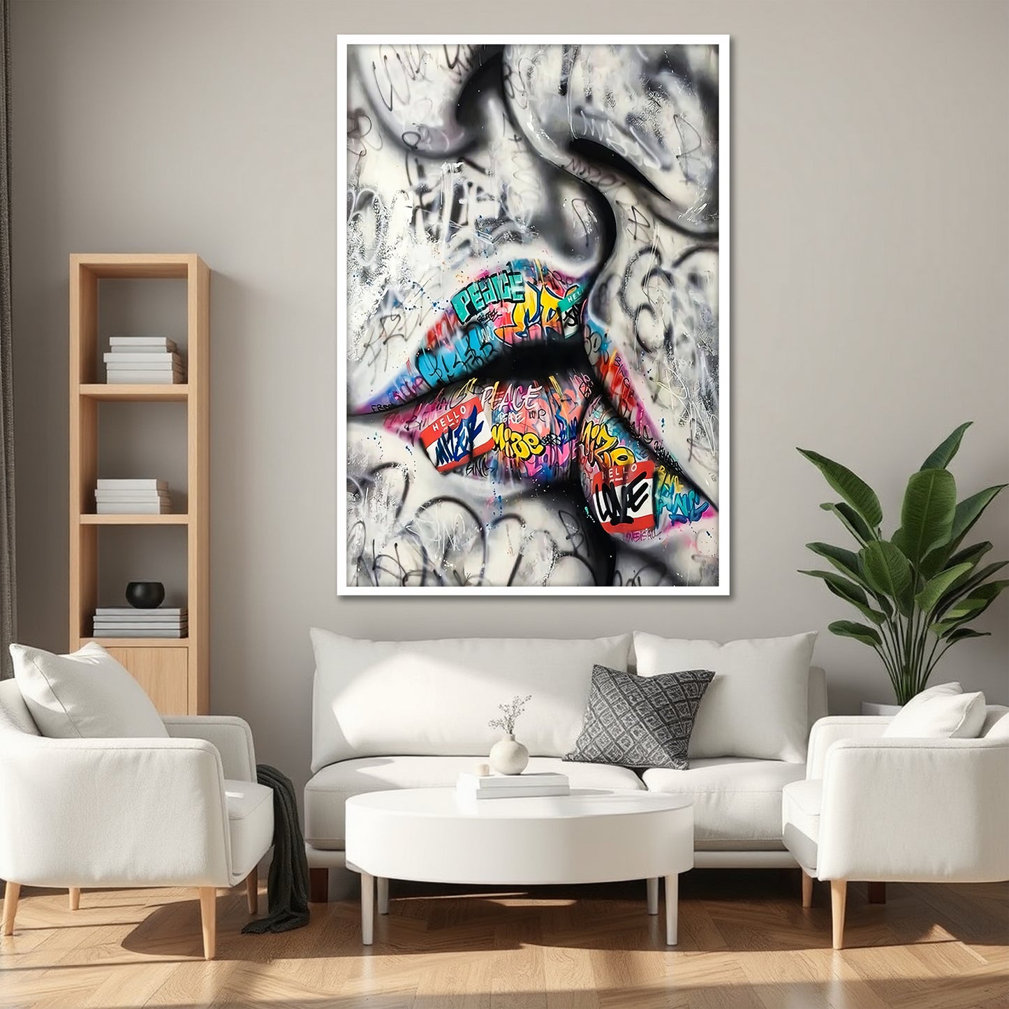 Colorful Graffiti Lips Canvas Art - Street Pop Art Kiss Print
