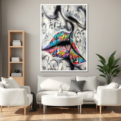 Colorful Graffiti Lips Canvas Art - Street Pop Art Kiss Print