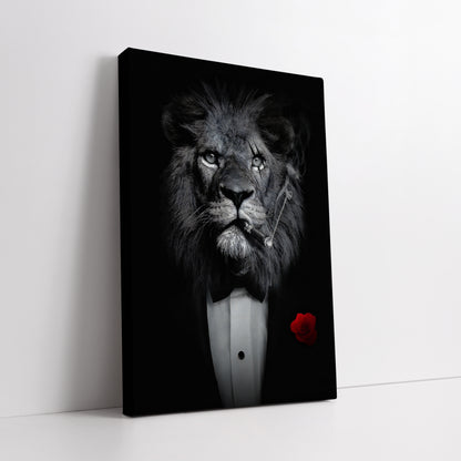 Lion in Suit Smoking Cigar Canvas Wall Art - Charismatic Boss Lion Decor