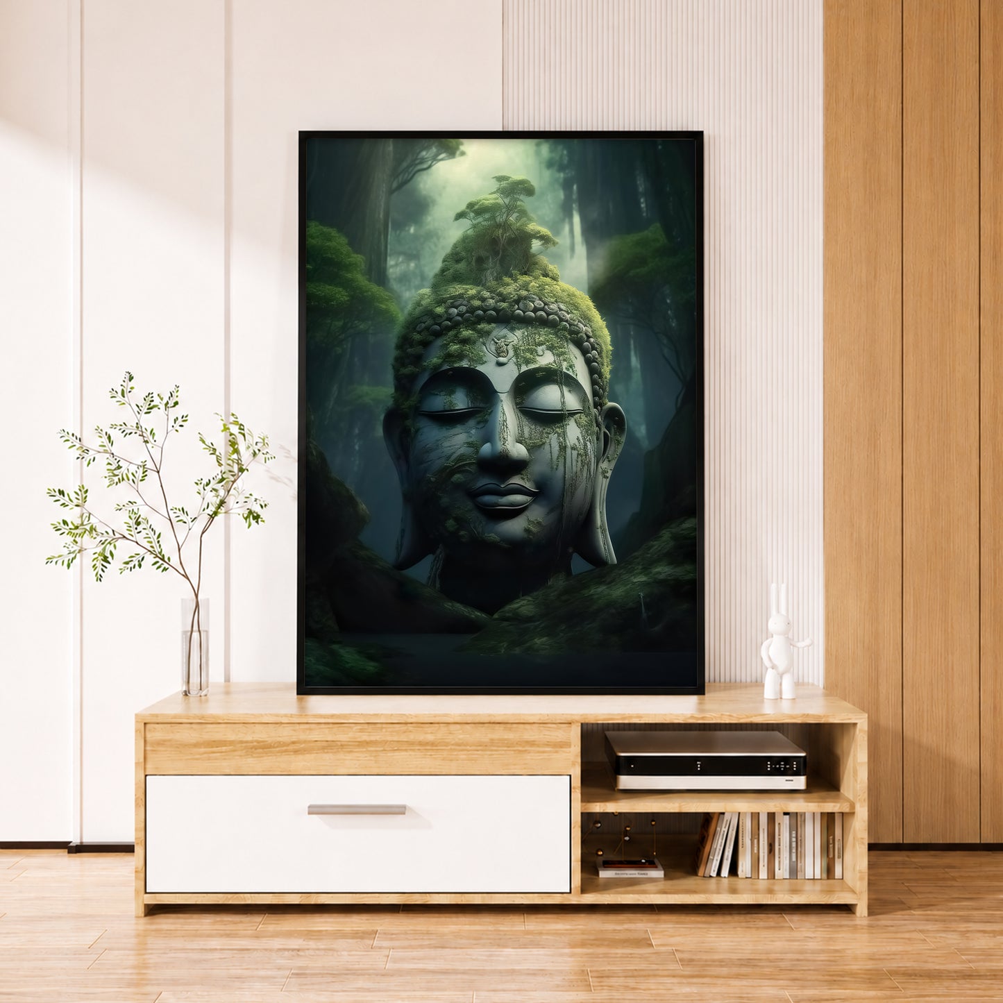 Mossy Stone Buddha in Forest Canvas Art - Mystic Nature Print