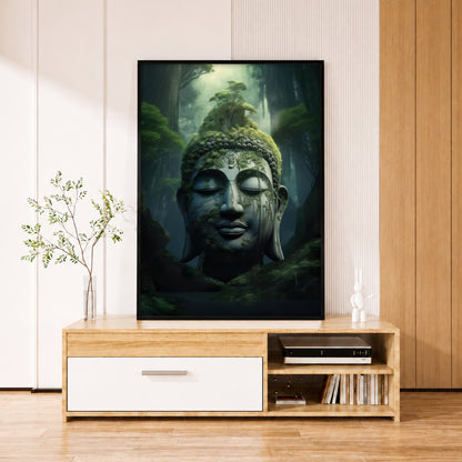 Mossy Stone Buddha in Forest Canvas Art - Mystic Nature Print