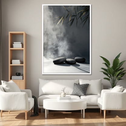 Zen Stones and Gold Bamboo Leaves Canvas Art - Modern Minimalist Painting