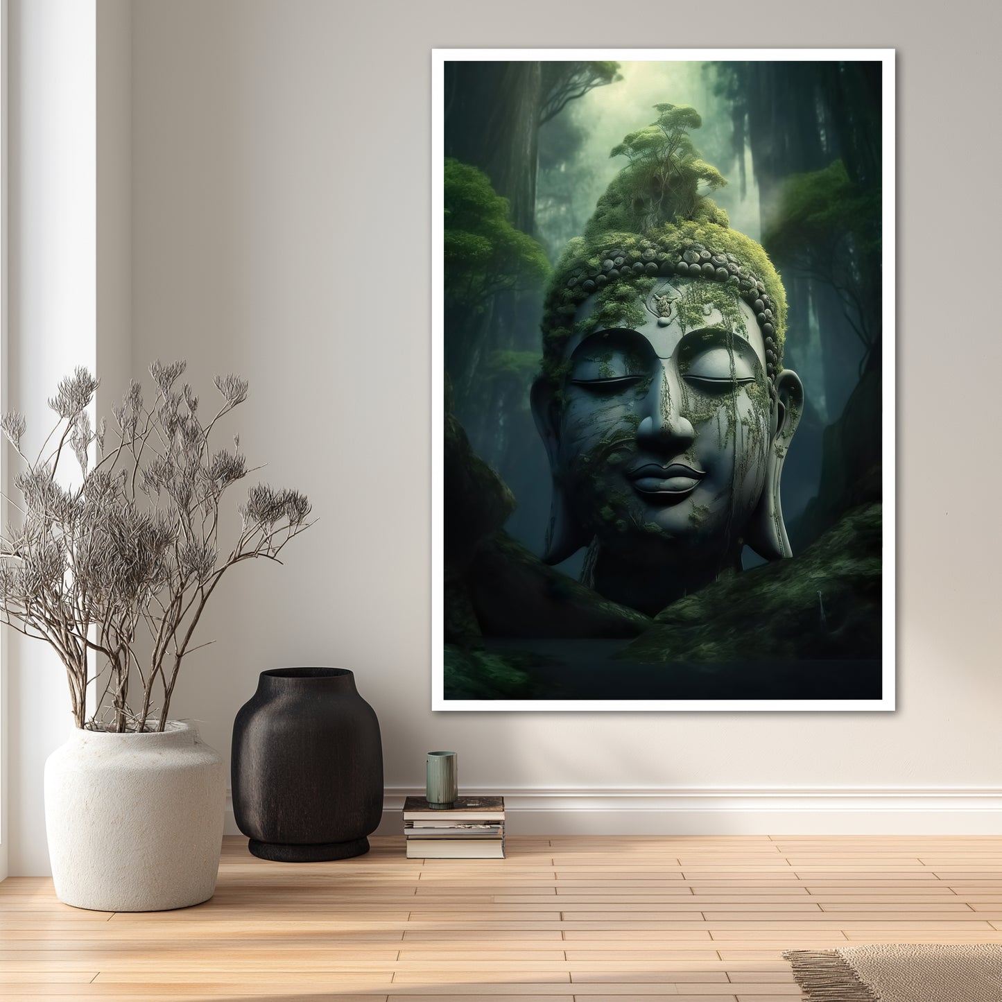 Mossy Stone Buddha in Forest Canvas Art - Mystic Nature Print