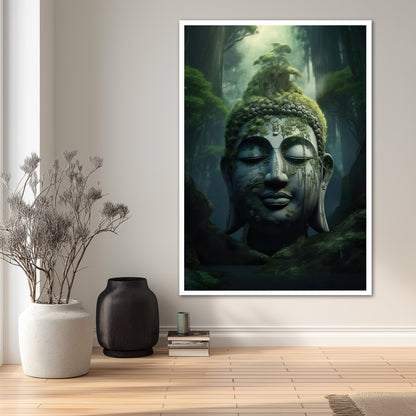 Mossy Stone Buddha in Forest Canvas Art - Mystic Nature Print
