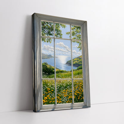 Fake Window View Wildflower Canvas Art - Coastal Meadow Landscape Print