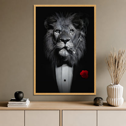 Lion in Suit Smoking Cigar Canvas Wall Art - Charismatic Boss Lion Decor