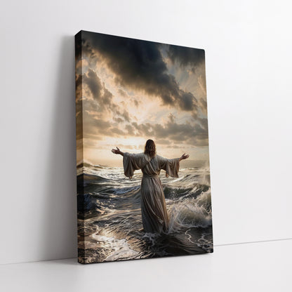 Jesus Walking on Water Wall Art - Christ Miracle Stormy Sea and Boat Painting