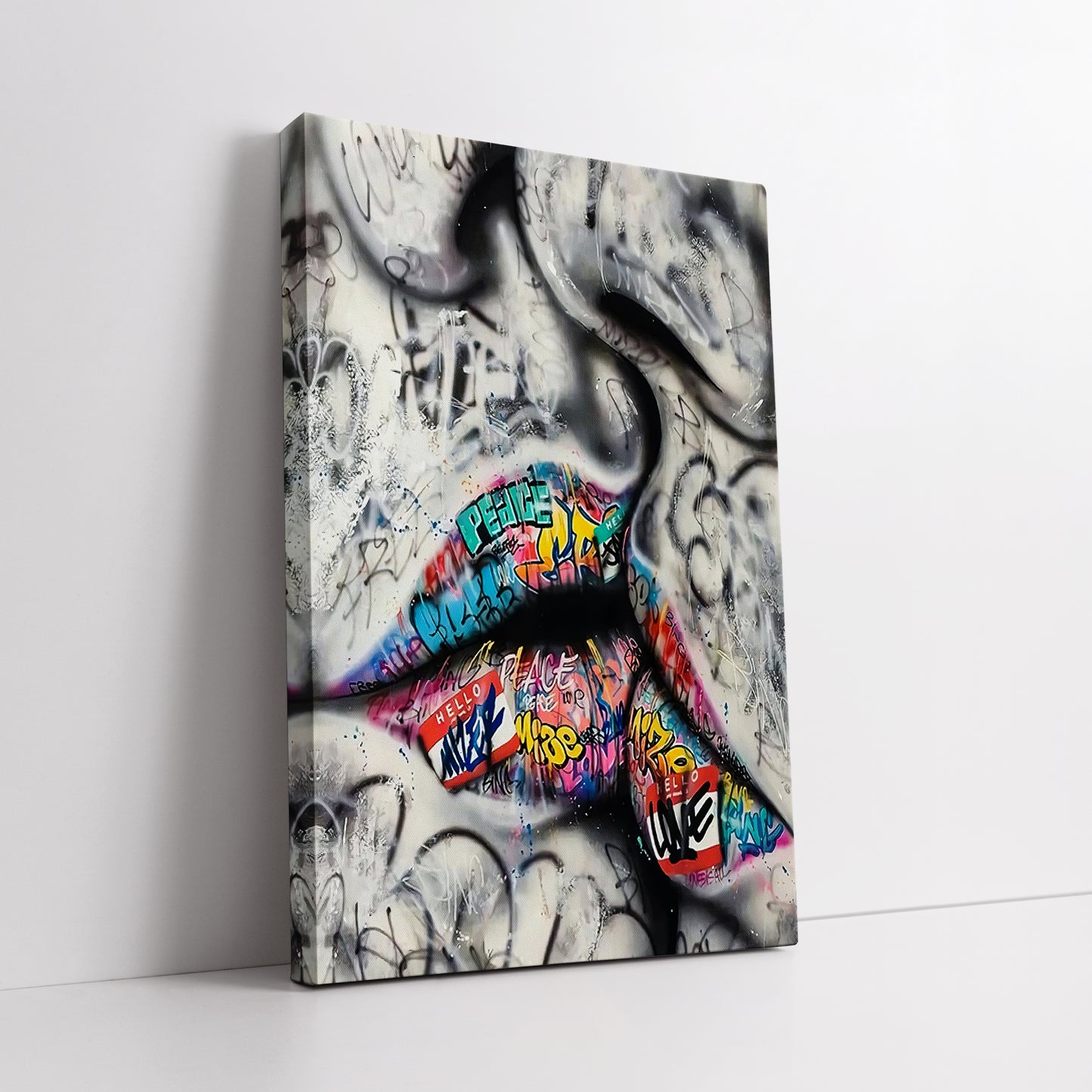 Colorful Graffiti Lips Canvas Art - Street Pop Art Kiss Print