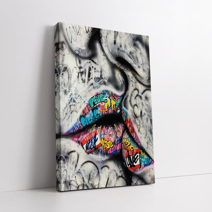 Colorful Graffiti Lips Canvas Art - Street Pop Art Kiss Print