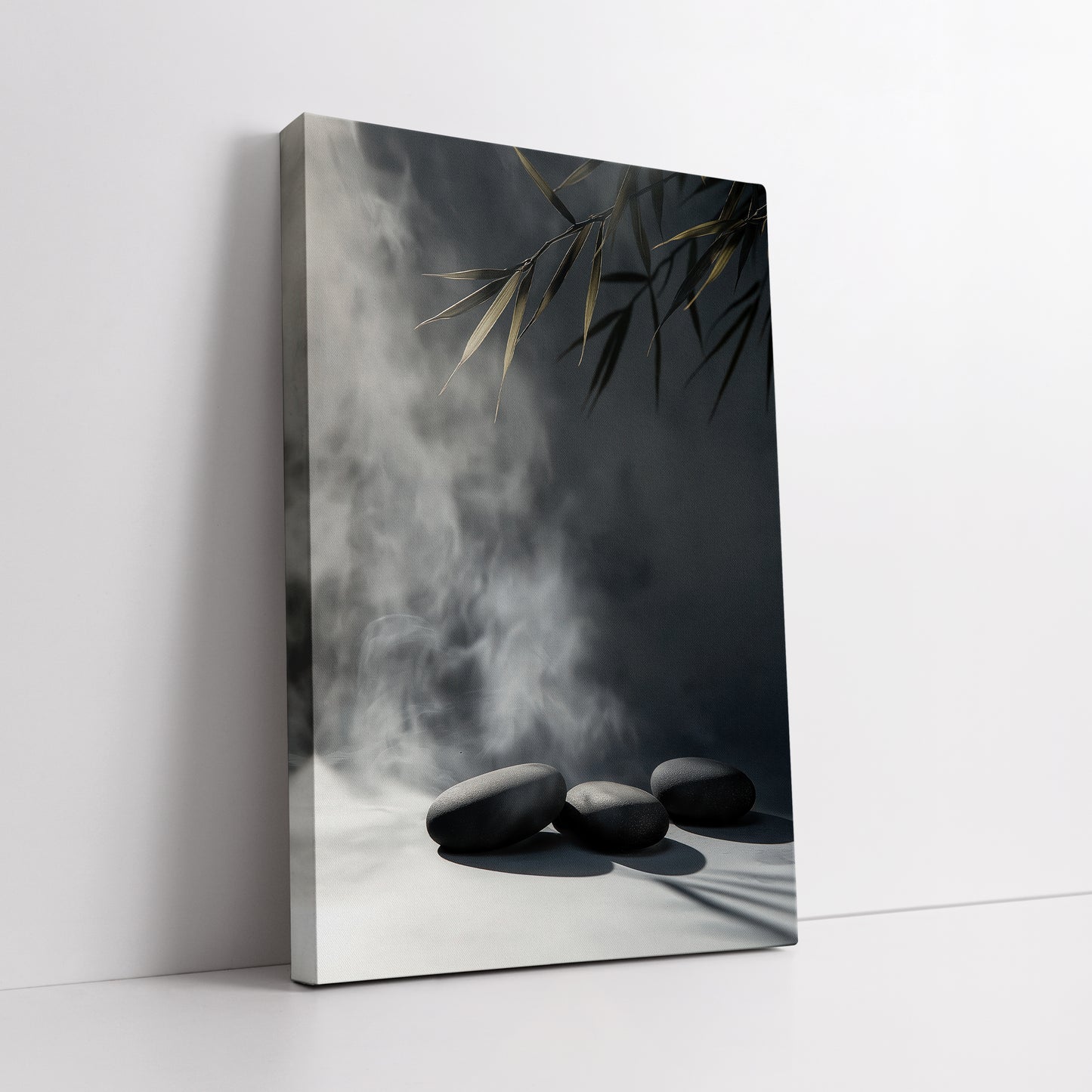 Zen Stones and Gold Bamboo Leaves Canvas Art - Modern Minimalist Painting
