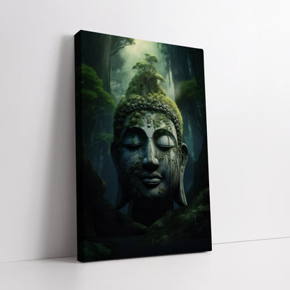 Mossy Stone Buddha in Forest Canvas Art - Mystic Nature Print