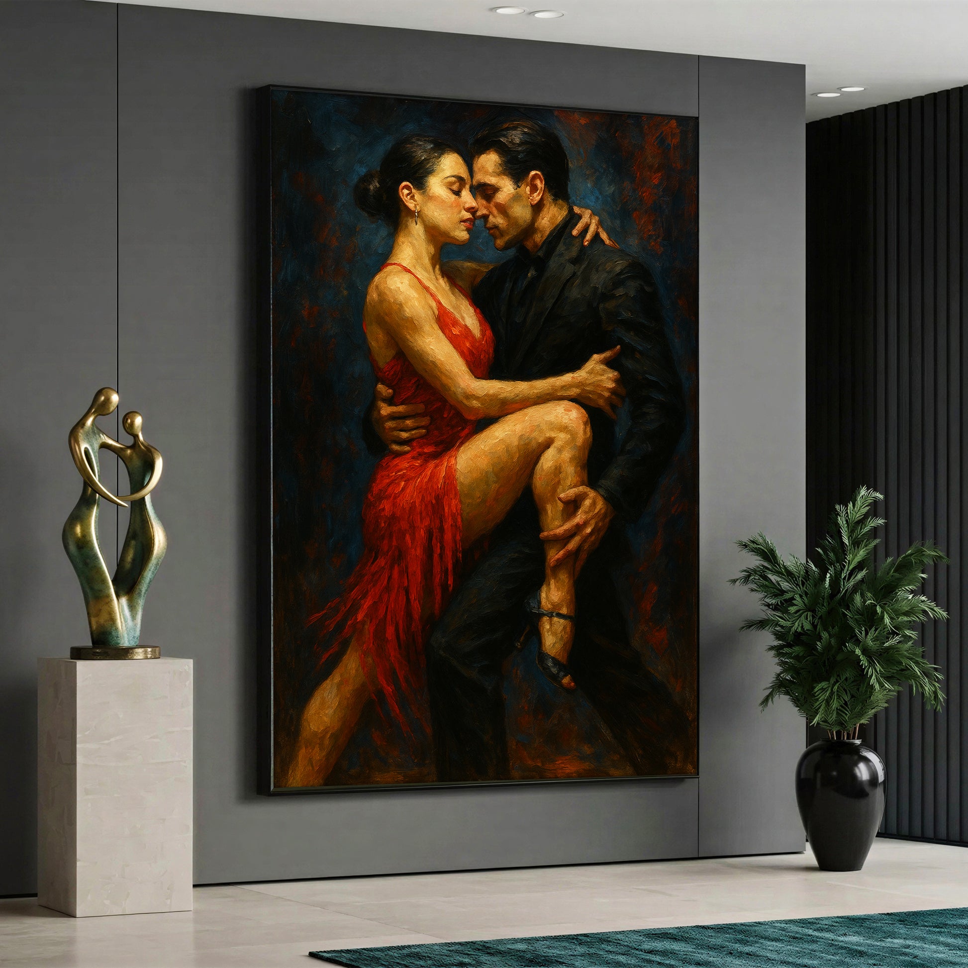 A high-quality artistic canvas print depicting a passionate couple dancing tango, featuring a woman in a vibrant red dress and a man in a black suit against a moody, dark background.