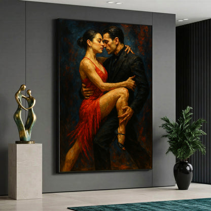 A high-quality artistic canvas print depicting a passionate couple dancing tango, featuring a woman in a vibrant red dress and a man in a black suit against a moody, dark background.