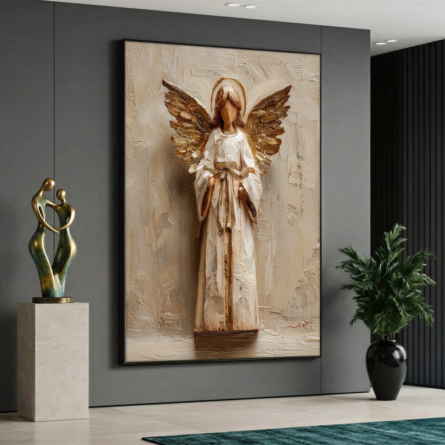 A canvas print featuring a modern angel design with gold wings and a white gown over a light-colored textured background.