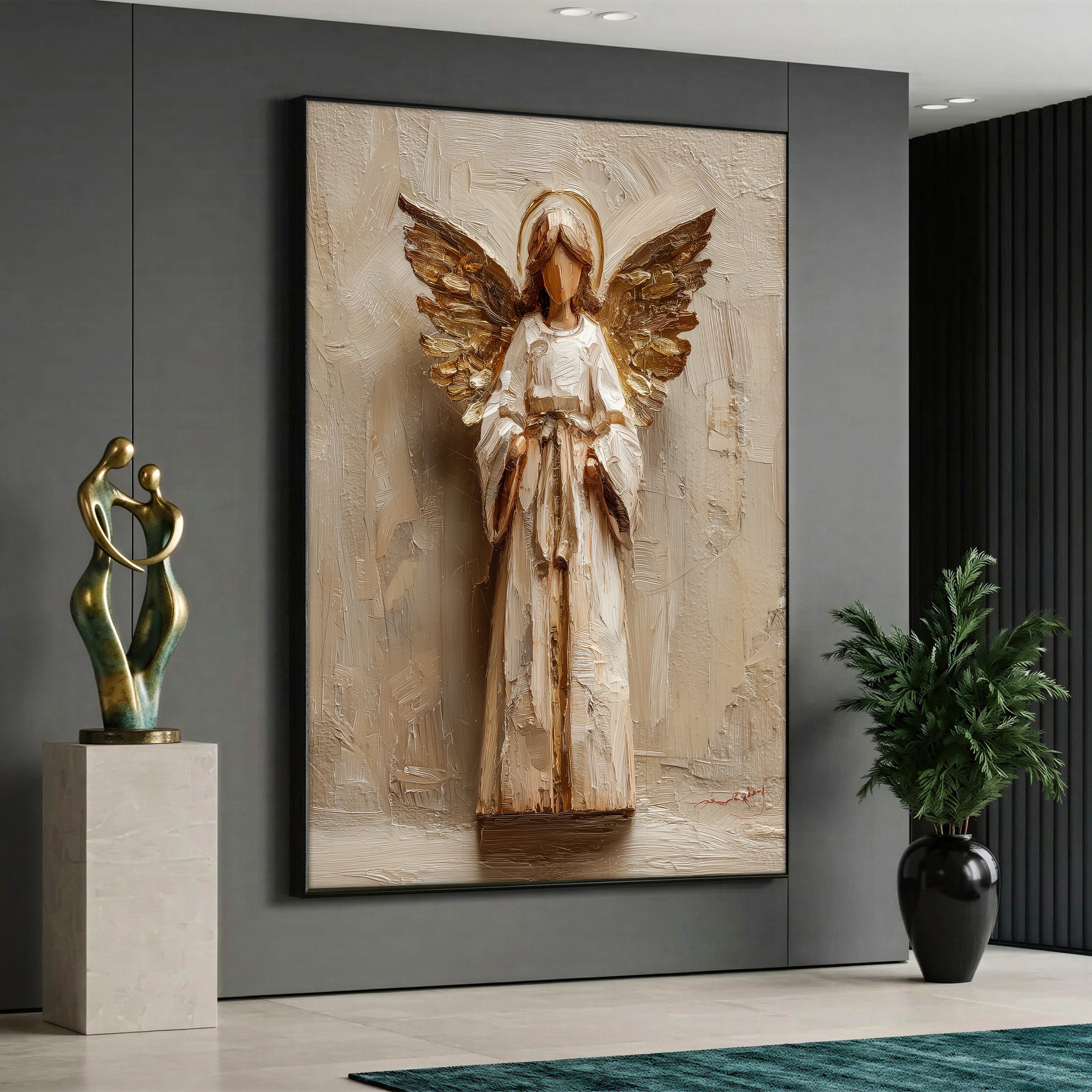 A canvas print featuring a modern angel design with gold wings and a white gown over a light-colored textured background.
