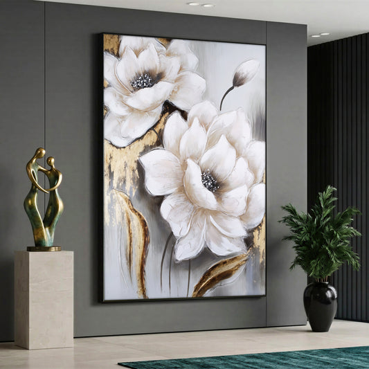 An abstract floral canvas painting depicting large, elegant white flowers and a single bud with gold foil accents against a textured cream and grey background.