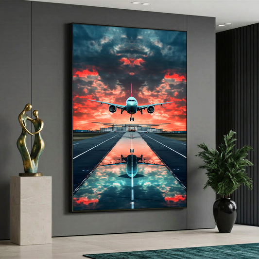An aviation canvas painting depicting a passenger airplane landing on a runway against a dramatic red and orange sunset sky, with a perfect reflection of the aircraft on the wet tarmac.