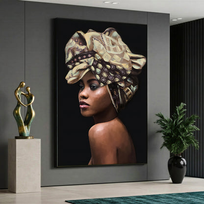 A powerful canvas print showcasing a fine art portrait of a black woman wearing a large, patterned traditional headwrap against a solid dark background.