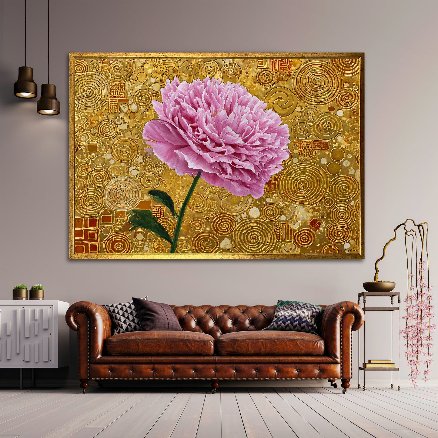 Pink Peony Klimt Style Canvas - Gold Abstract Floral Wall Art