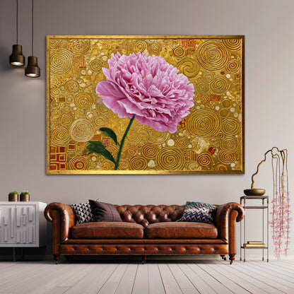 Pink Peony Klimt Style Canvas - Gold Abstract Floral Wall Art