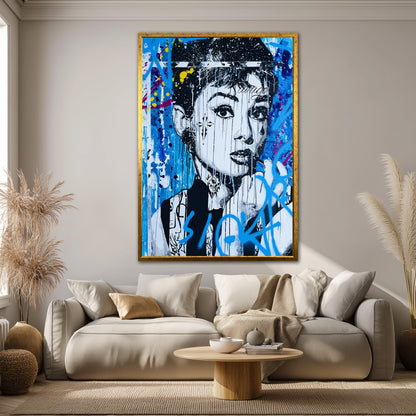 Blue Graffiti Audrey Hepburn Canvas Art - Edgy Pop Art Street Print